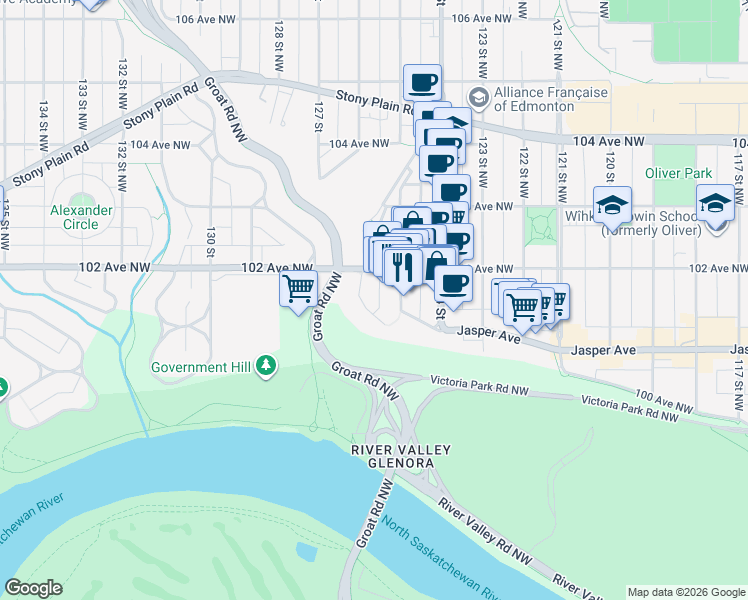 map of restaurants, bars, coffee shops, grocery stores, and more near 10142 Clifton Place Northwest in Edmonton