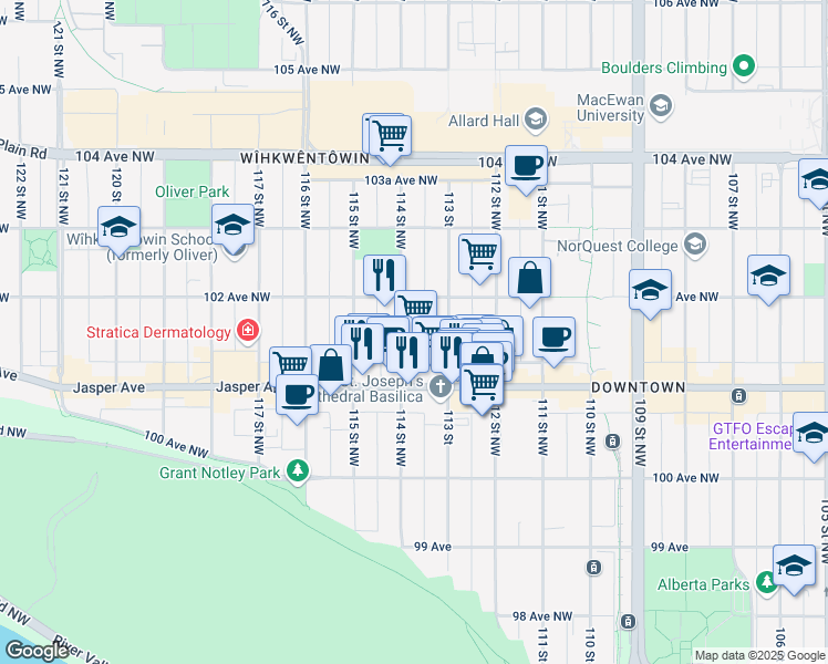 map of restaurants, bars, coffee shops, grocery stores, and more near 10175 114 Street Northwest in Edmonton