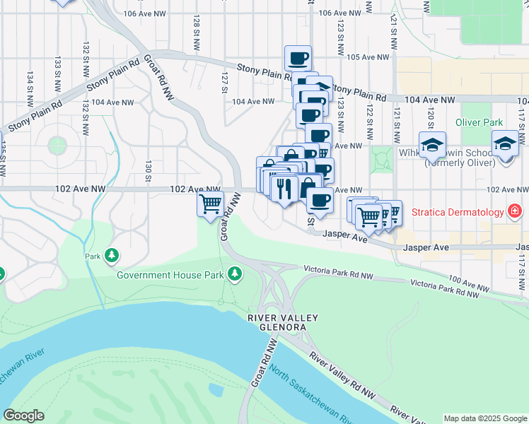 map of restaurants, bars, coffee shops, grocery stores, and more near 10142 Clifton Place Northwest in Edmonton