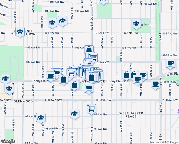 map of restaurants, bars, coffee shops, grocery stores, and more near 10128 156 Street Northwest in Edmonton