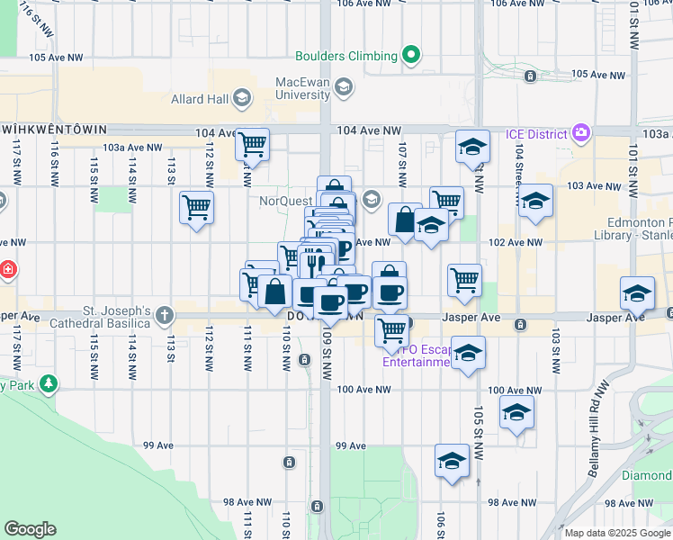 map of restaurants, bars, coffee shops, grocery stores, and more near 10188 109 Street Northwest in Edmonton