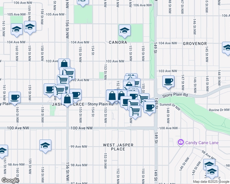 map of restaurants, bars, coffee shops, grocery stores, and more near 10130 152 Street Northwest in Edmonton