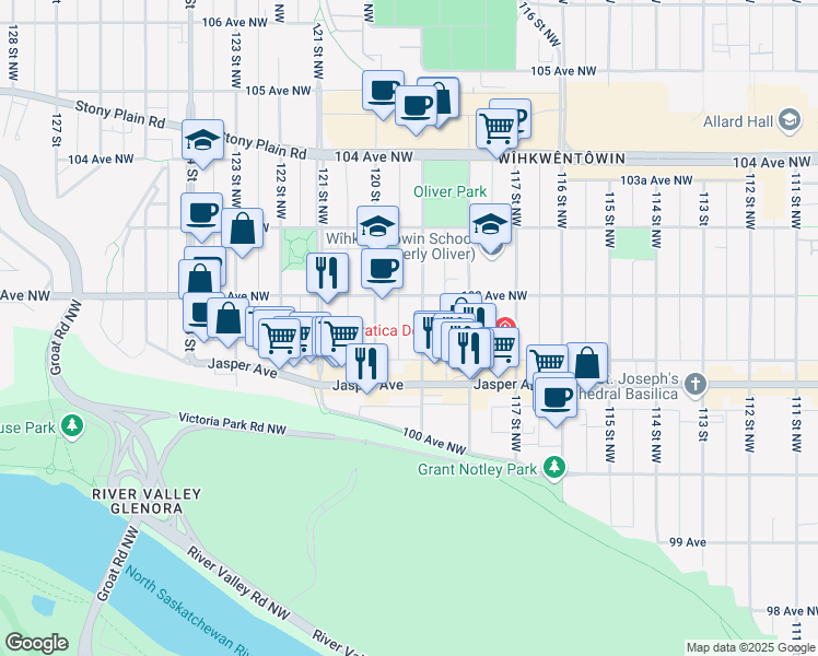 map of restaurants, bars, coffee shops, grocery stores, and more near 10172 119 Street Northwest in Edmonton