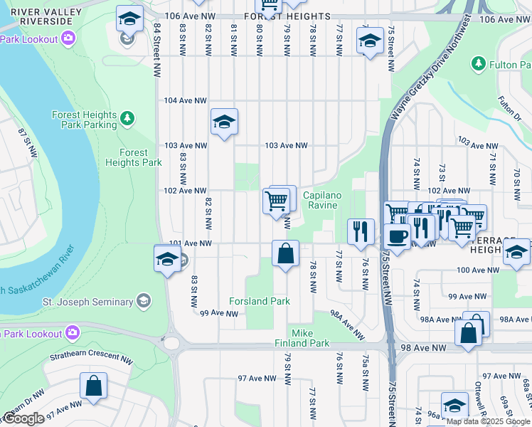 map of restaurants, bars, coffee shops, grocery stores, and more near 10155 80 Street Northwest in Edmonton
