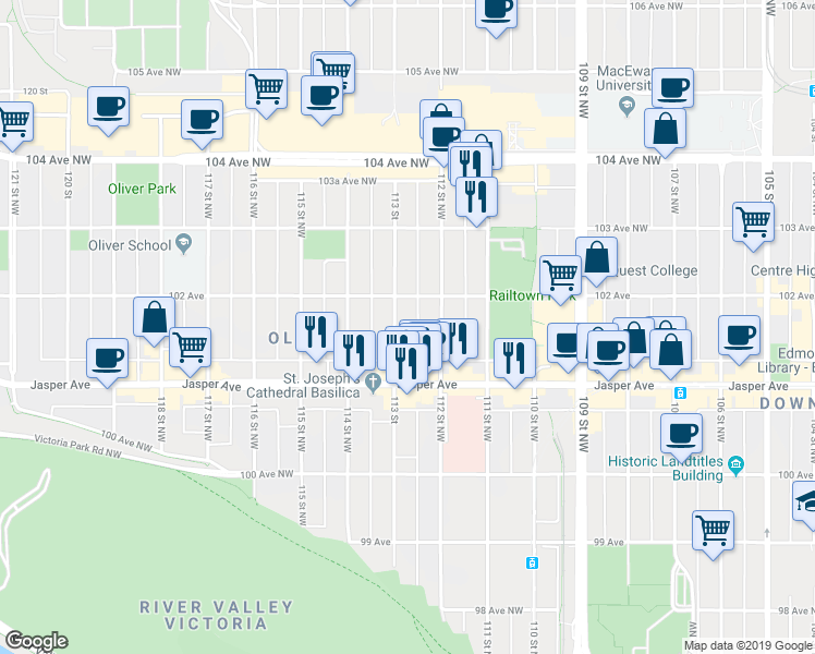 map of restaurants, bars, coffee shops, grocery stores, and more near 10165 113 Street in Edmonton