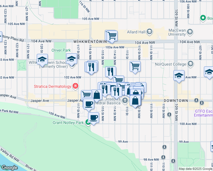 map of restaurants, bars, coffee shops, grocery stores, and more near 10160 114 Street Northwest in Edmonton