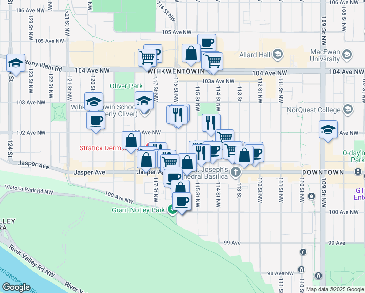 map of restaurants, bars, coffee shops, grocery stores, and more near 10160 116 Street Northwest in Edmonton