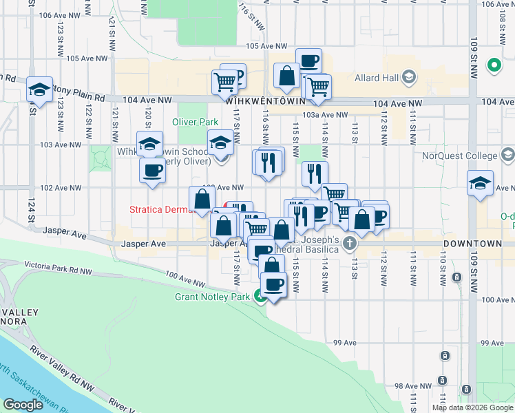 map of restaurants, bars, coffee shops, grocery stores, and more near 10160 116 Street Northwest in Edmonton
