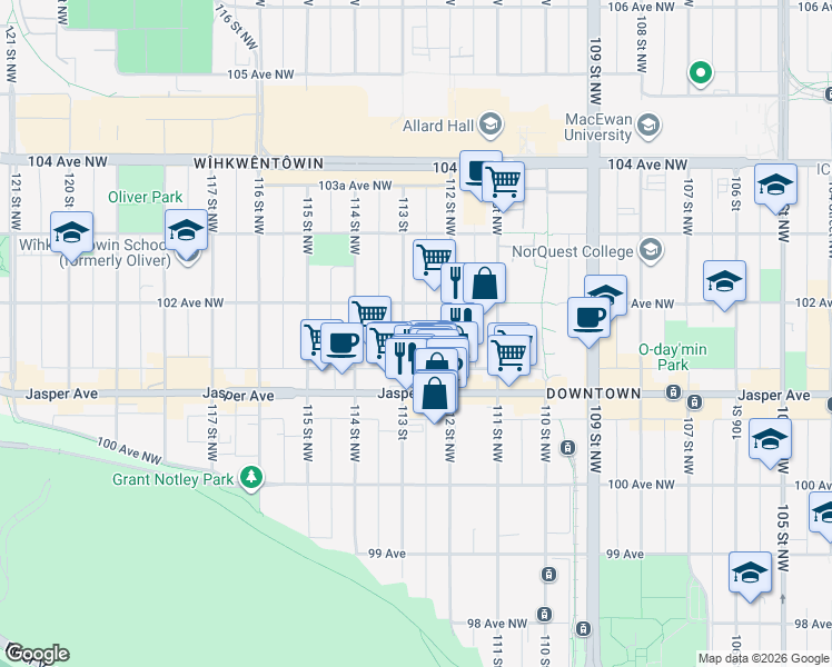 map of restaurants, bars, coffee shops, grocery stores, and more near 10165 113 Street in Edmonton