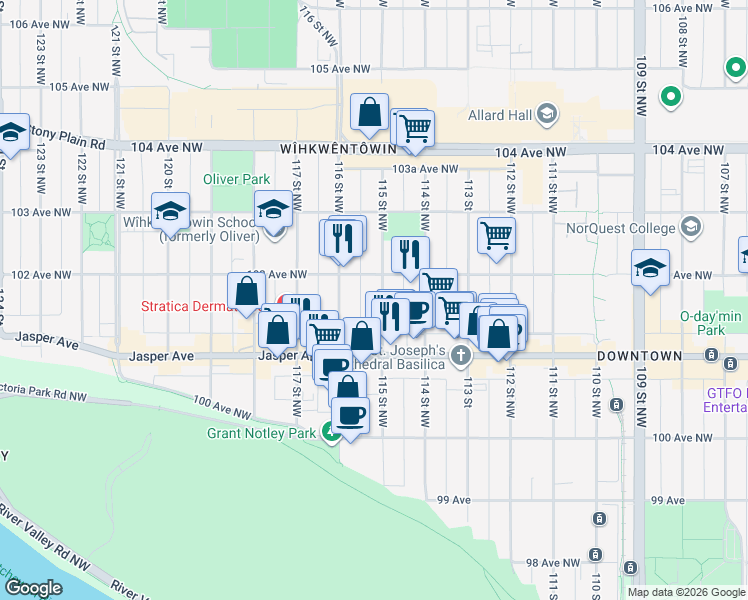 map of restaurants, bars, coffee shops, grocery stores, and more near 10160 115 Street Northwest in Edmonton