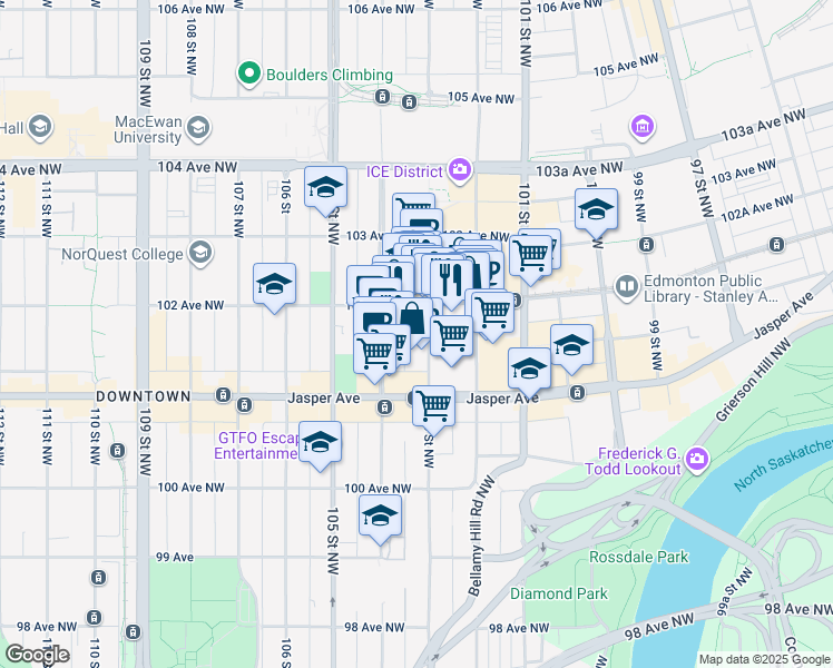 map of restaurants, bars, coffee shops, grocery stores, and more near 10160 103 Street Northwest in Edmonton