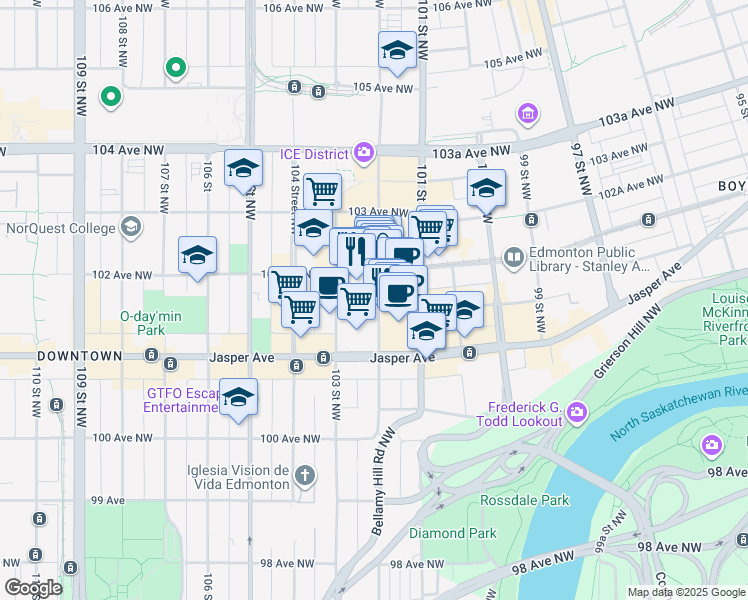 map of restaurants, bars, coffee shops, grocery stores, and more near 10150 102 Street Northwest in Edmonton