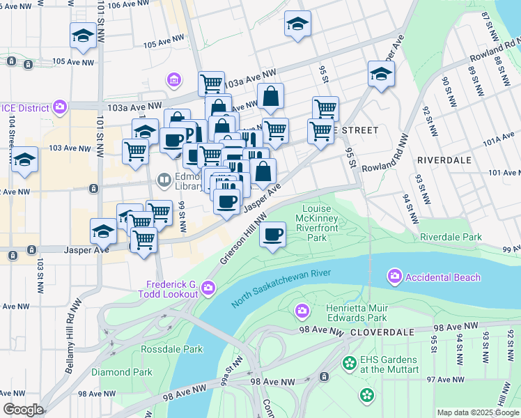 map of restaurants, bars, coffee shops, grocery stores, and more near 9645 Jasper Avenue in Edmonton