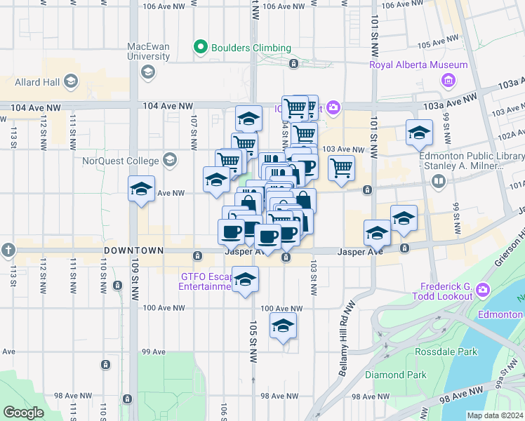 map of restaurants, bars, coffee shops, grocery stores, and more near 10173 105 Street Northwest in Edmonton