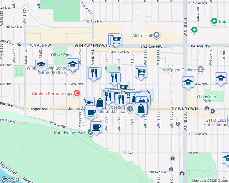 map of restaurants, bars, coffee shops, grocery stores, and more near 10160 114 Street Northwest in Edmonton
