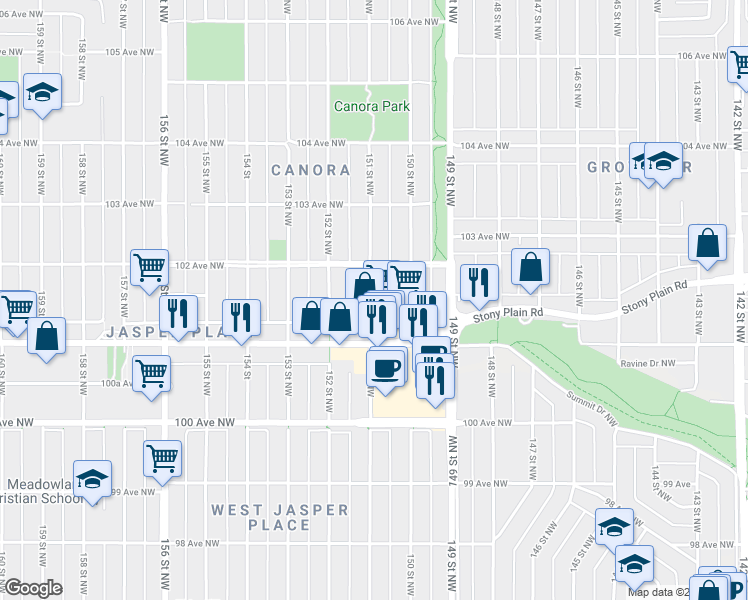 map of restaurants, bars, coffee shops, grocery stores, and more near 10119 151 Street Northwest in Edmonton