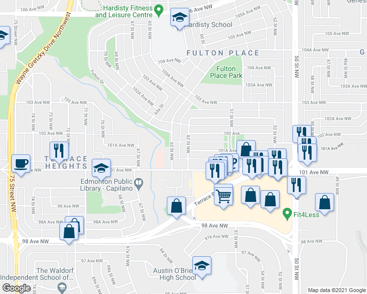 map of restaurants, bars, coffee shops, grocery stores, and more near 10142 62 Street Northwest in Edmonton