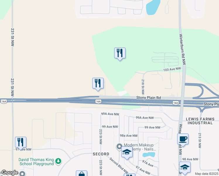 map of restaurants, bars, coffee shops, grocery stores, and more near 22140 Stony Plain Road in Edmonton