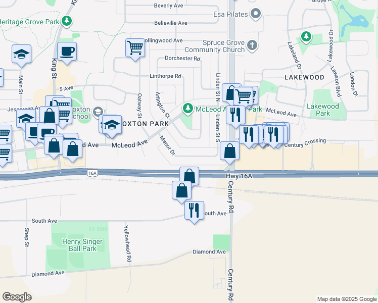 map of restaurants, bars, coffee shops, grocery stores, and more near 23 Manor Drive in Spruce Grove