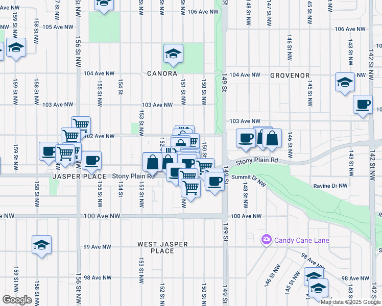 map of restaurants, bars, coffee shops, grocery stores, and more near 10119 151 Street Northwest in Edmonton