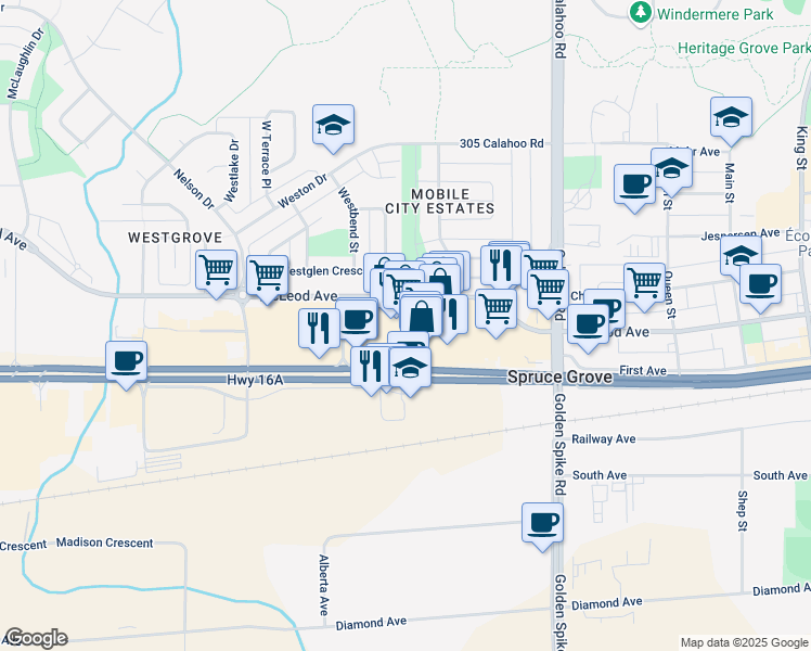 map of restaurants, bars, coffee shops, grocery stores, and more near 70 McLeod Avenue in Spruce Grove