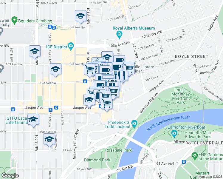 map of restaurants, bars, coffee shops, grocery stores, and more near 9924 101A Avenue in Edmonton