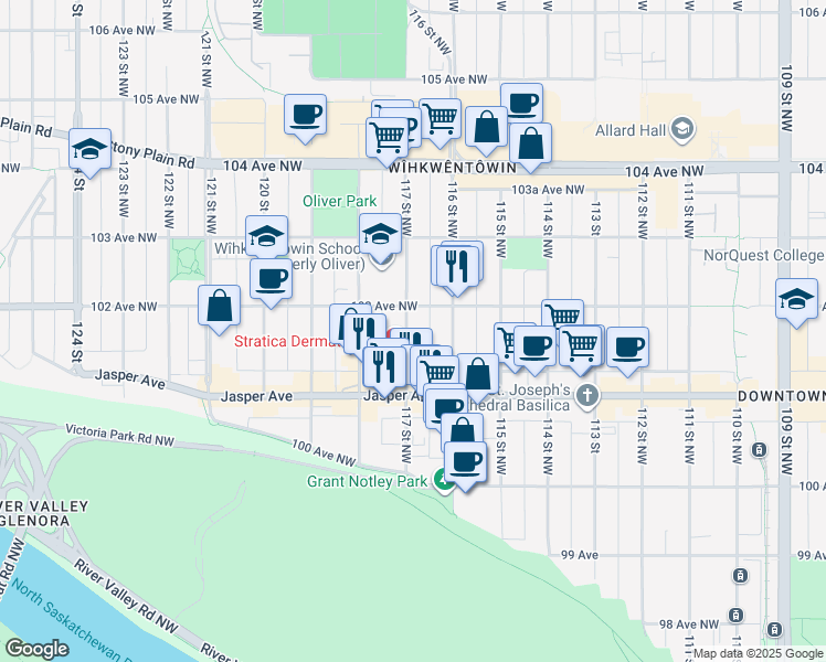 map of restaurants, bars, coffee shops, grocery stores, and more near 10153 117 Street Northwest in Edmonton
