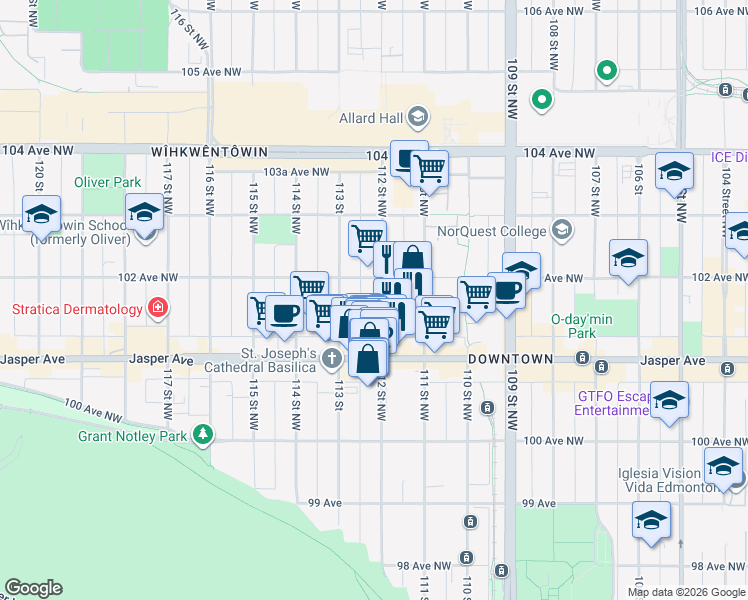 map of restaurants, bars, coffee shops, grocery stores, and more near 10170 112 Street Northwest in Edmonton