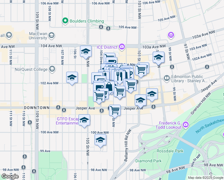 map of restaurants, bars, coffee shops, grocery stores, and more near 10160 103 Street Northwest in Edmonton