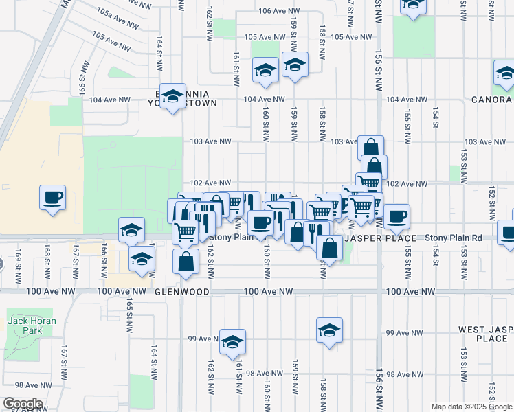 map of restaurants, bars, coffee shops, grocery stores, and more near 10136 160 Street Northwest in Edmonton