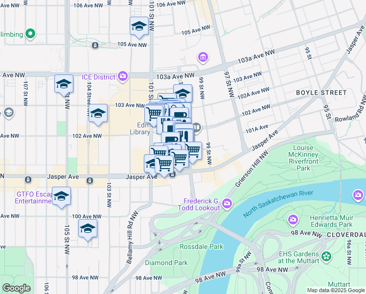 map of restaurants, bars, coffee shops, grocery stores, and more near in Edmonton