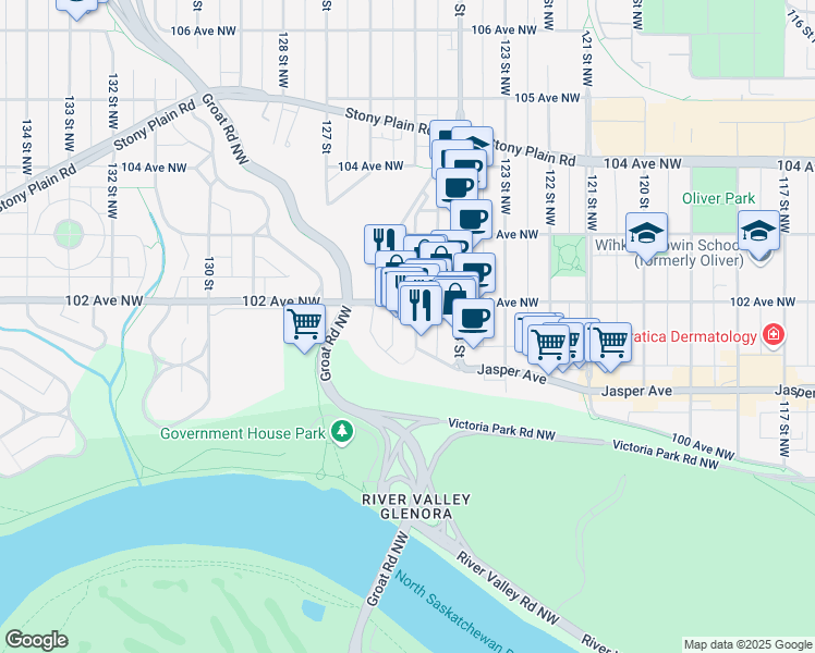 map of restaurants, bars, coffee shops, grocery stores, and more near 12507 102 Avenue in Edmonton