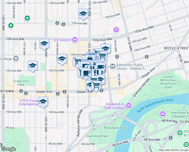 map of restaurants, bars, coffee shops, grocery stores, and more near 10175 101 Street Northwest in Edmonton