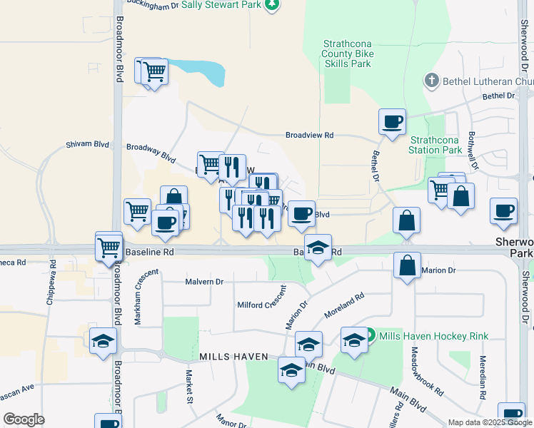 map of restaurants, bars, coffee shops, grocery stores, and more near 160 Broadway Boulevard in Sherwood Park