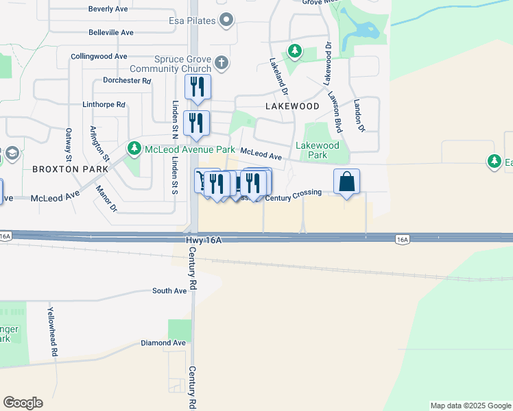 map of restaurants, bars, coffee shops, grocery stores, and more near 131 Century Crossing in Spruce Grove