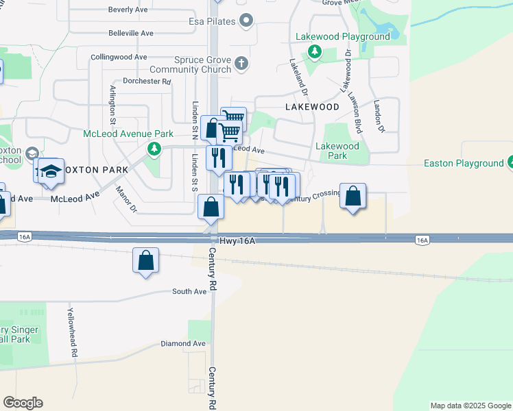 map of restaurants, bars, coffee shops, grocery stores, and more near 131 Century Crossing in Spruce Grove