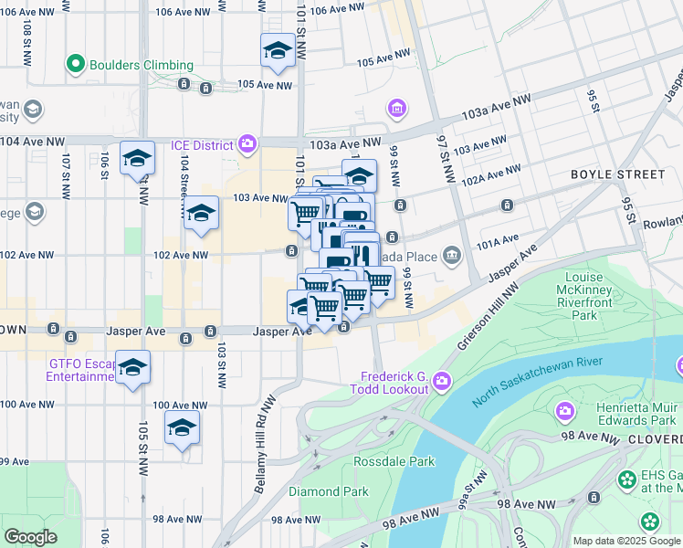 map of restaurants, bars, coffee shops, grocery stores, and more near in Edmonton