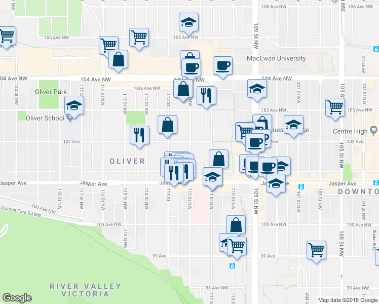 map of restaurants, bars, coffee shops, grocery stores, and more near 10160 112 Street Northwest in Edmonton