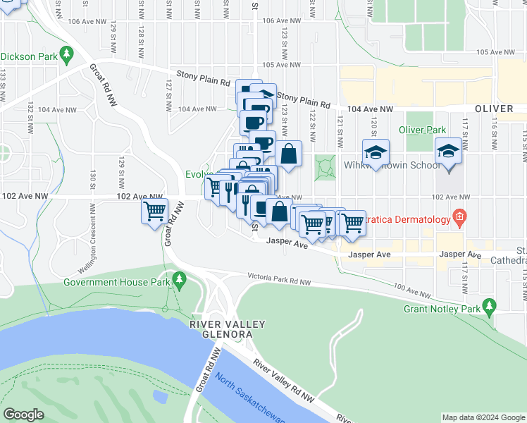 map of restaurants, bars, coffee shops, grocery stores, and more near 10140 123 Street Northwest in Edmonton