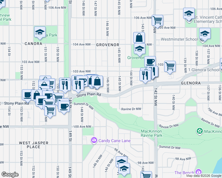 map of restaurants, bars, coffee shops, grocery stores, and more near in Edmonton