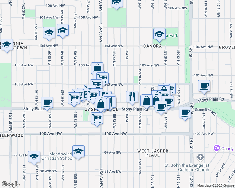 map of restaurants, bars, coffee shops, grocery stores, and more near 10130 154 Street in Edmonton