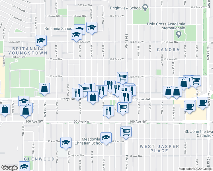 map of restaurants, bars, coffee shops, grocery stores, and more near 10139 158 Street Northwest in Edmonton