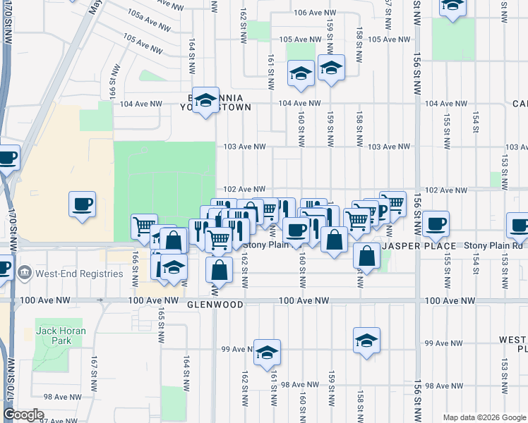 map of restaurants, bars, coffee shops, grocery stores, and more near in Edmonton