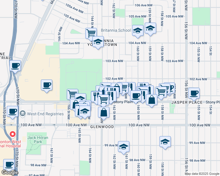 map of restaurants, bars, coffee shops, grocery stores, and more near 10142 162 Street Northwest in Edmonton
