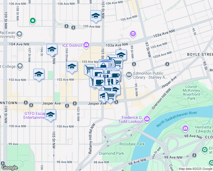 map of restaurants, bars, coffee shops, grocery stores, and more near 10175 101 Street Northwest in Edmonton