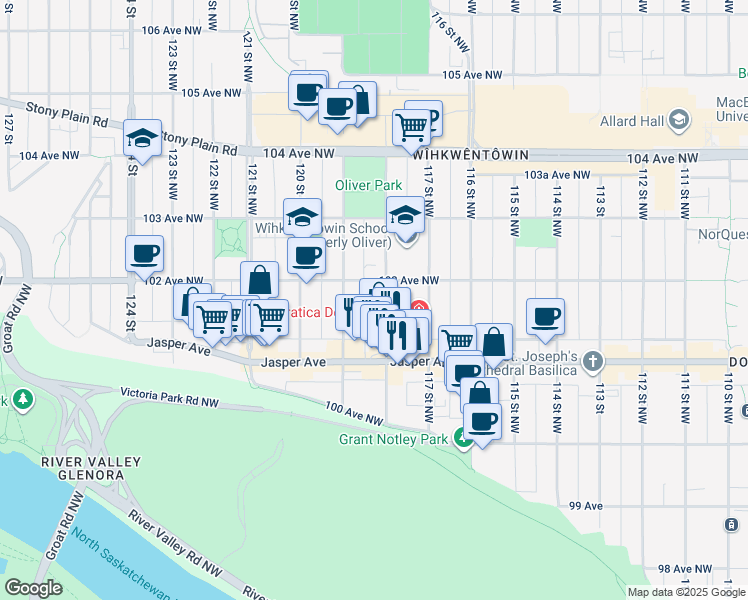 map of restaurants, bars, coffee shops, grocery stores, and more near 10172 118 Street Northwest in Edmonton