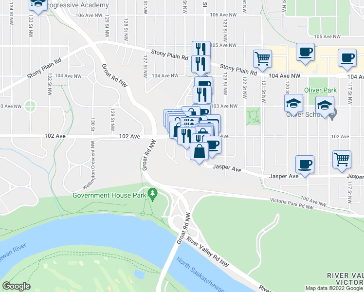 map of restaurants, bars, coffee shops, grocery stores, and more near 12507 102 Avenue in Edmonton