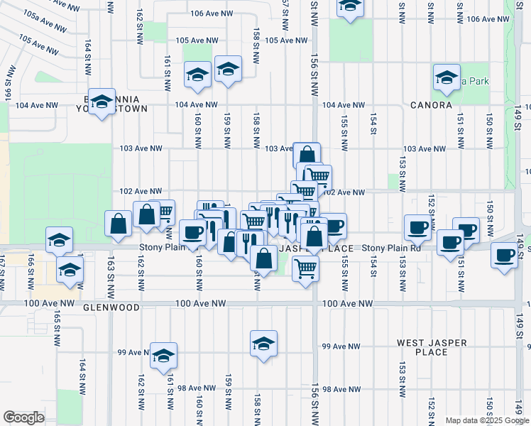 map of restaurants, bars, coffee shops, grocery stores, and more near 10139 158 Street Northwest in Edmonton