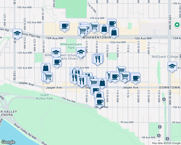 map of restaurants, bars, coffee shops, grocery stores, and more near 10153 117 Street Northwest in Edmonton