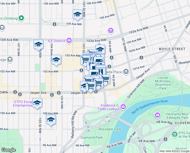 map of restaurants, bars, coffee shops, grocery stores, and more near in Edmonton
